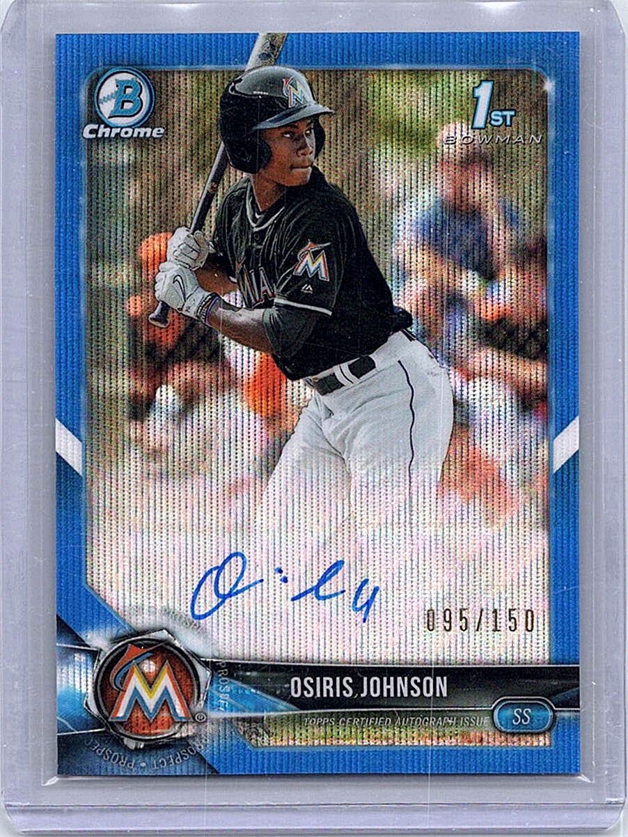 2018 Bowman Draft - Chrome Draft Pick Autographs Blue Refractor Osiris Johnson #CDA-OJ AU, SN150 front