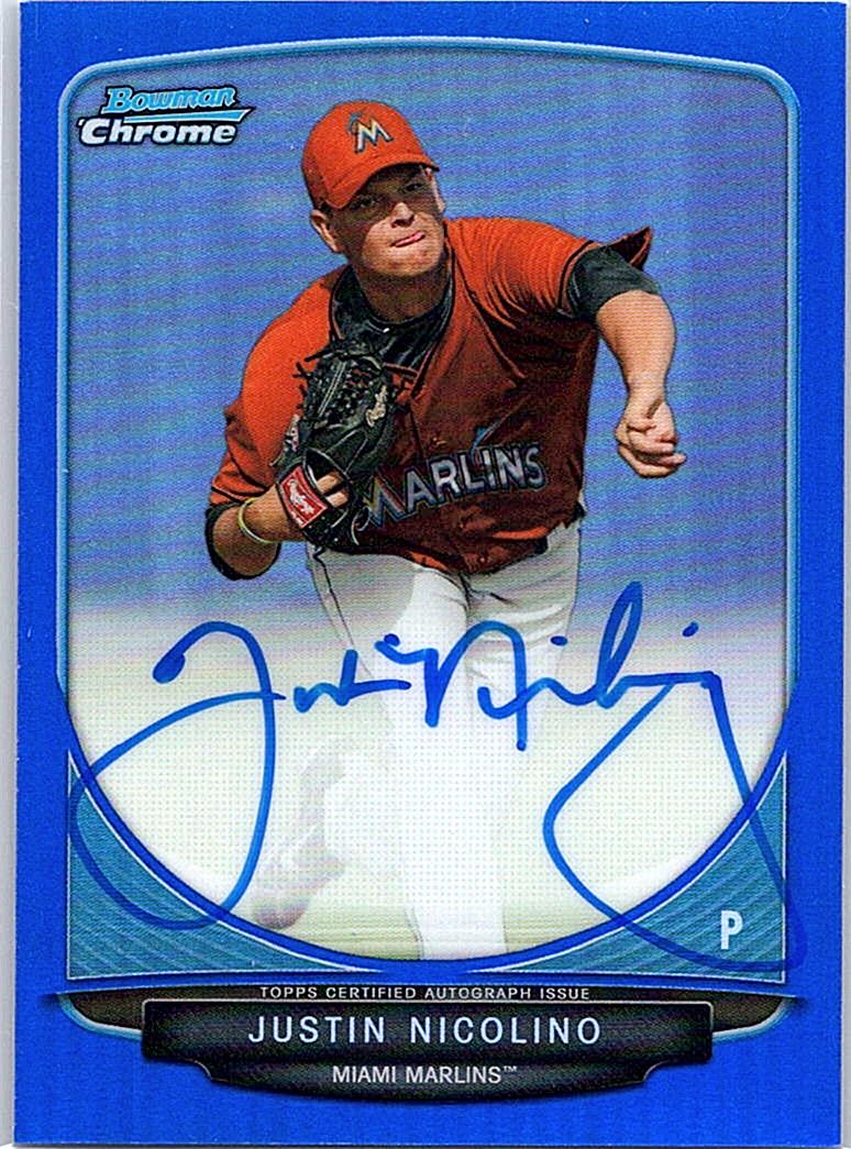 2013 Bowman - Chrome Prospect Autographs Blue Refractors Justin Nicolino #BCP-JN SN150 front