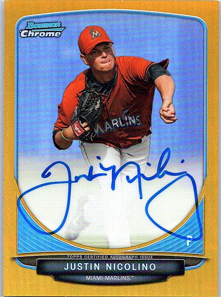 2013 Bowman - Chrome Prospect Autographs Gold Refractors Justin Nicolino #BCP-JN AU, SN50 front