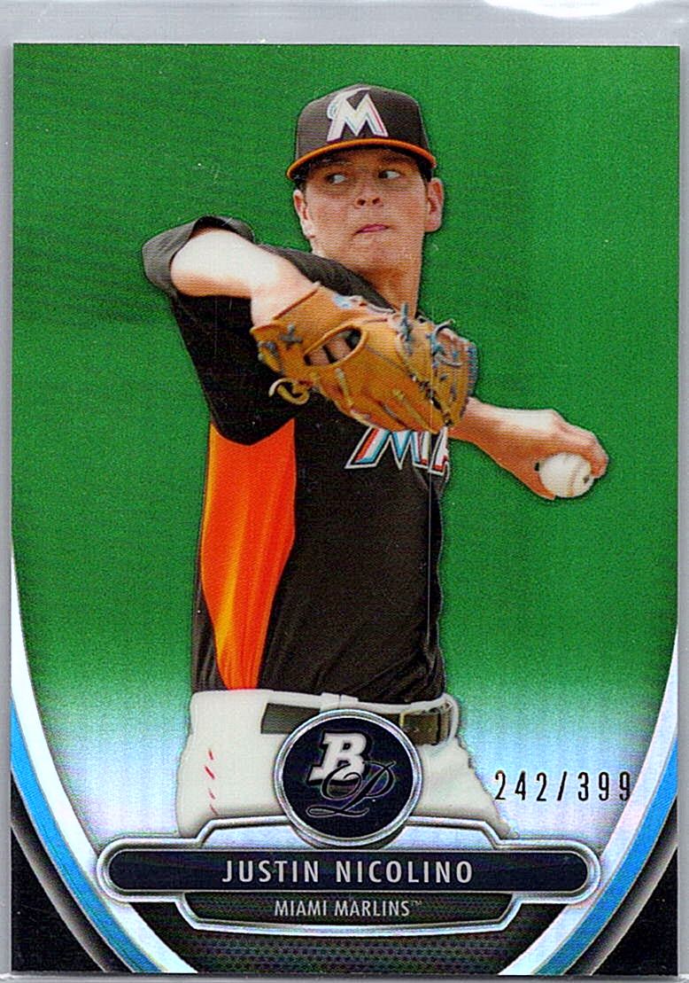 2013 Bowman Platinum - Chrome Prospects Green Refractors Justin Nicolino #BPCP57 SN399 front