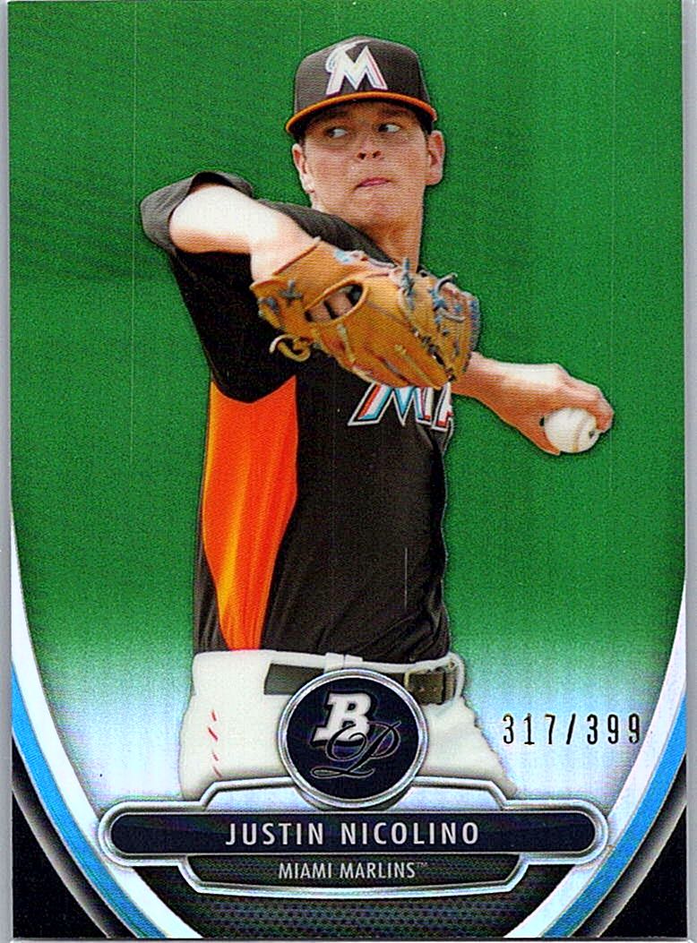 2013 Bowman Platinum - Chrome Prospects Green Refractors Justin Nicolino #BPCP57 SN399 front