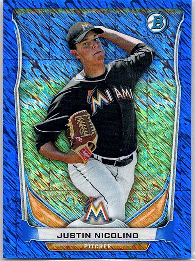 2014 Bowman - Chrome Bowman Scout Top 5 Mini Blue Refractors Justin Nicolino #BM-MM3 SN250 front