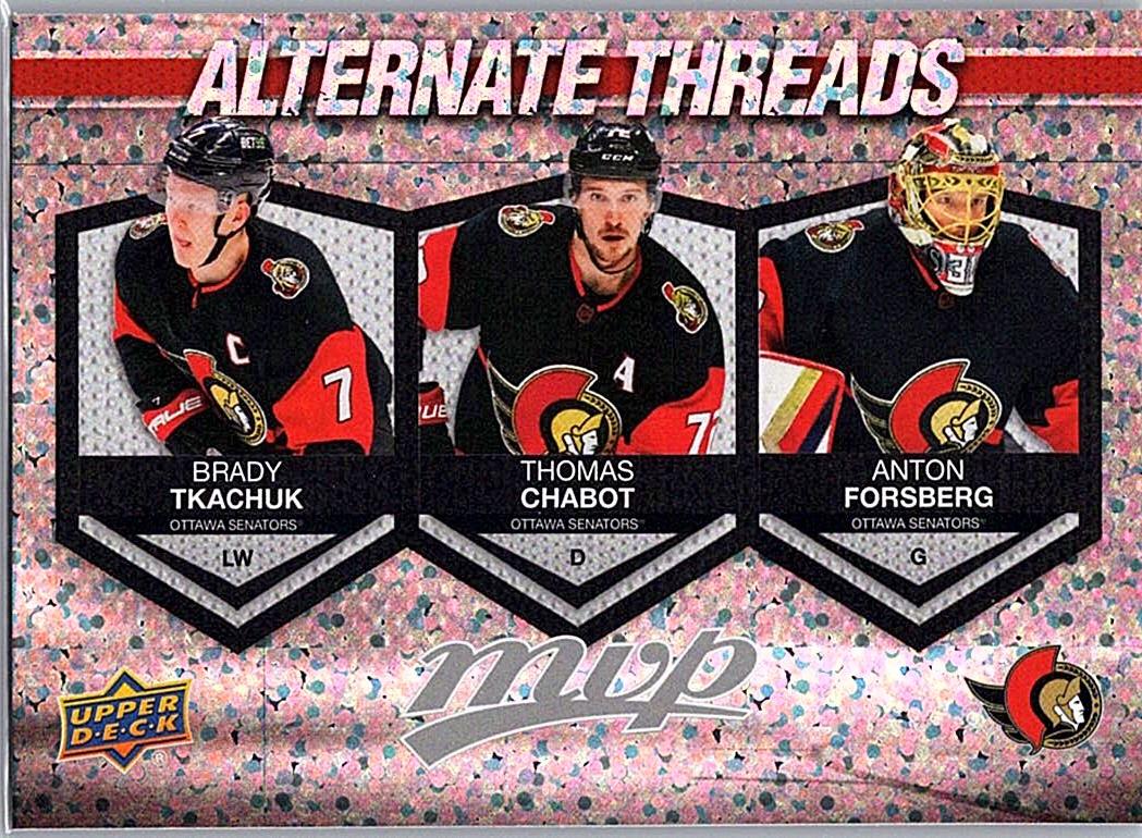 2023-24 Upper Deck MVP - Alternate Threads Thomas Chabot / Anton Forsberg / Brady Tkachuk #AT-19 front