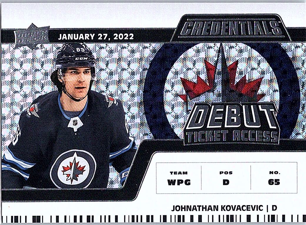 2022-23 Upper Deck Credentials - Horizontal Debut Ticket Access Johnathan Kovacevic #135 SN999 front