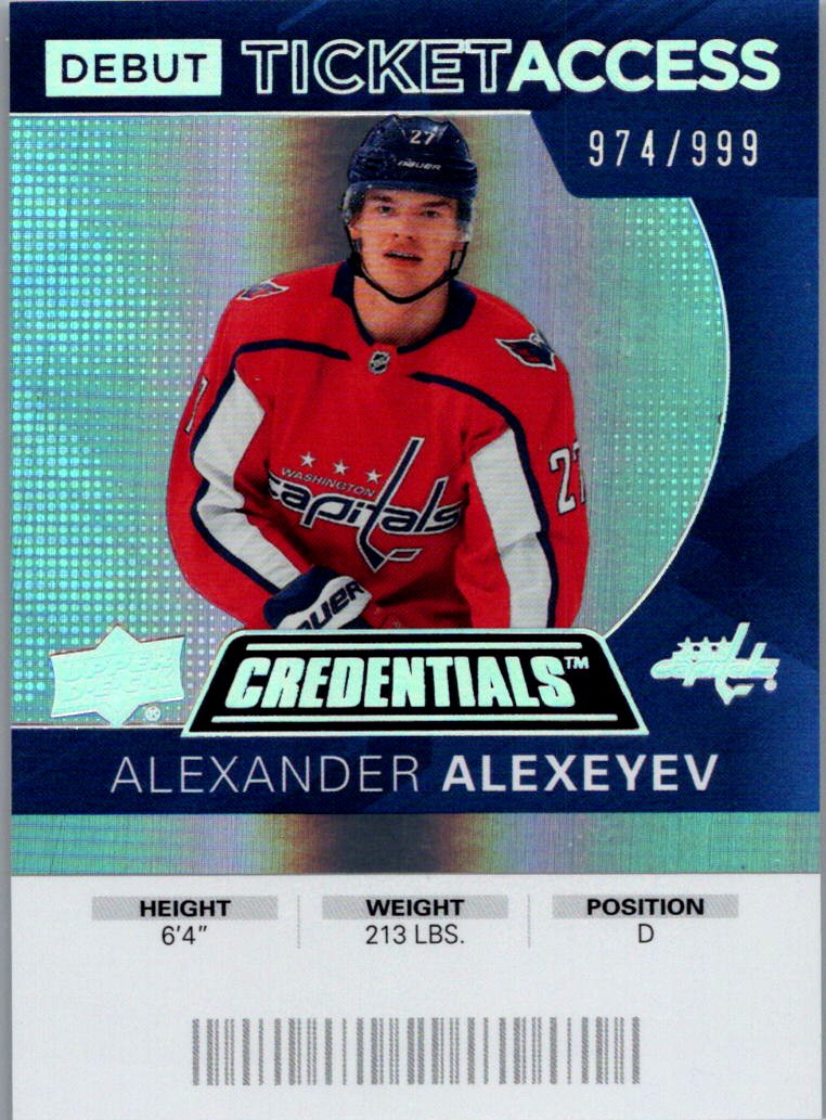 2021-22 Upper Deck Credentials - 2020-21 Debut Ticket Access Alexander Alexeyev #109 SN999 front