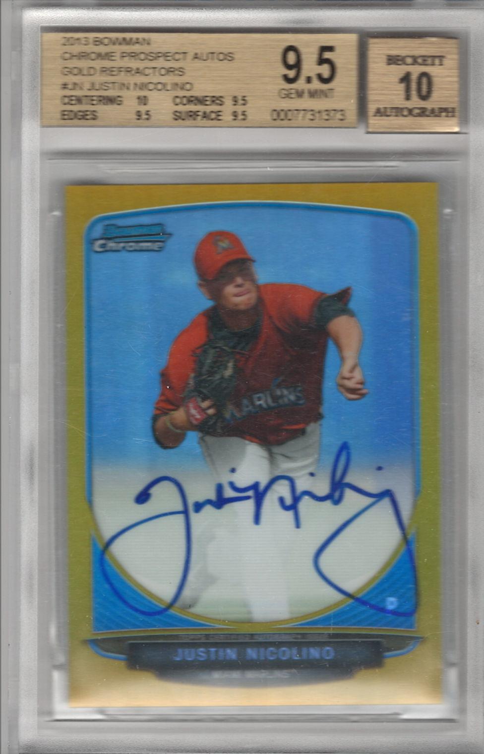2013 Bowman - Chrome Prospect Autographs Gold Refractors Justin Nicolino #BCP-JN AU, SN50 front