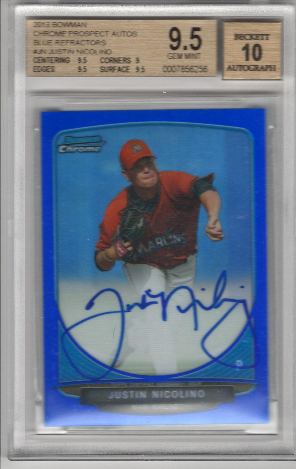 2013 Bowman - Chrome Prospect Autographs Blue Refractors Justin Nicolino #BCP-JN SN150 front