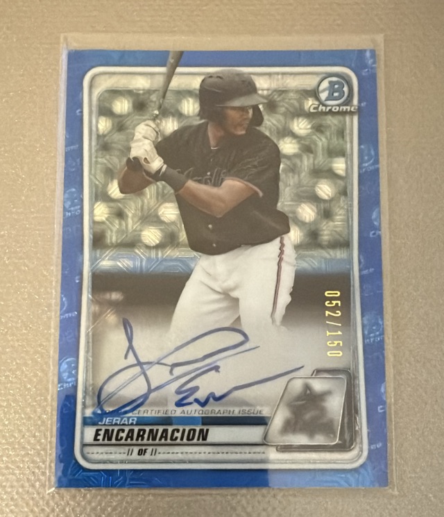 2020 Bowman - Chrome Prospect Autographs Mojo Refractor Blue Jerar Encarnacion #BMA-JE AU, SN150 front