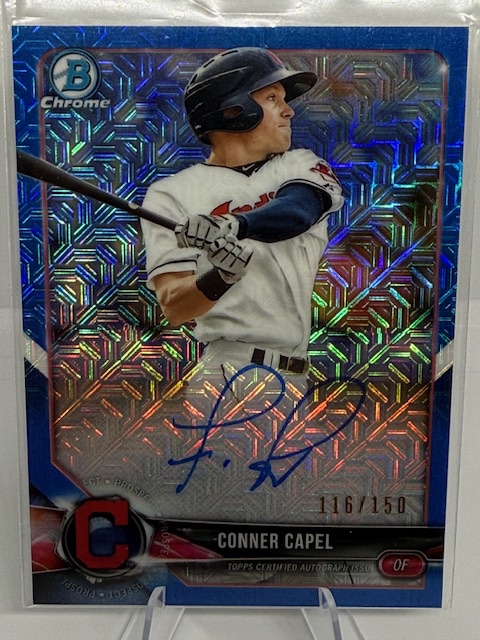 2018 Bowman Chrome - Prospects Autographs Blue Mojo Refractor Conner Capel #BCPA-CC AU, SN150 front