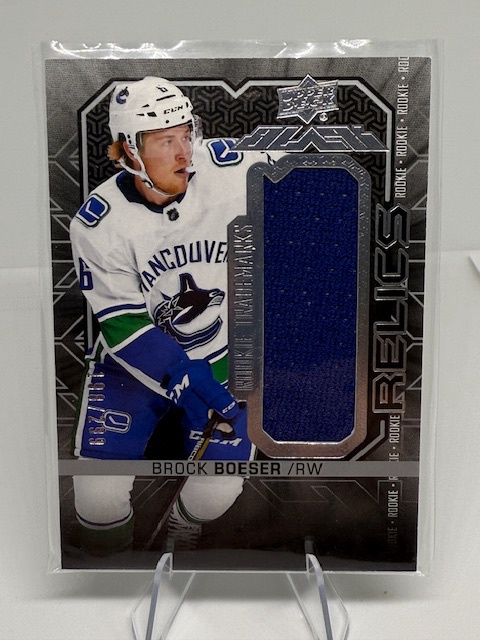 2017-18 SPx - UD Black Rookie Trademarks Brock Boeser #RT-BB MEM, SN299 front