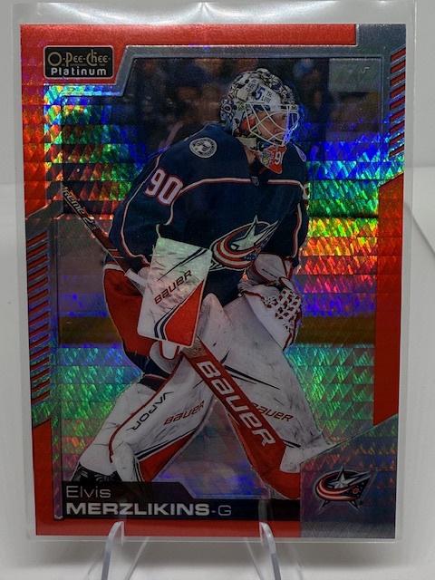 2020-21 O-Pee-Chee Platinum - Red-Prism Elvis Merzlikins #111 SN199 front