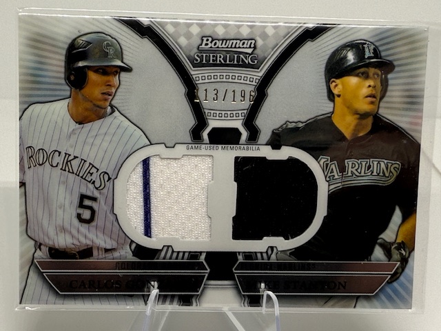 2011 Bowman Sterling - Dual Relics Carlos Gonzalez / Mike Stanton #DRB-GS MEM, SN196 front