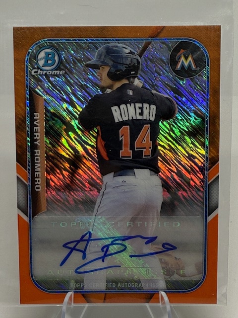 2015 Bowman - The Farm's Finest Minis Autographs Orange Shimmer Avery Romero #FFM-ARO AU, SN25 front