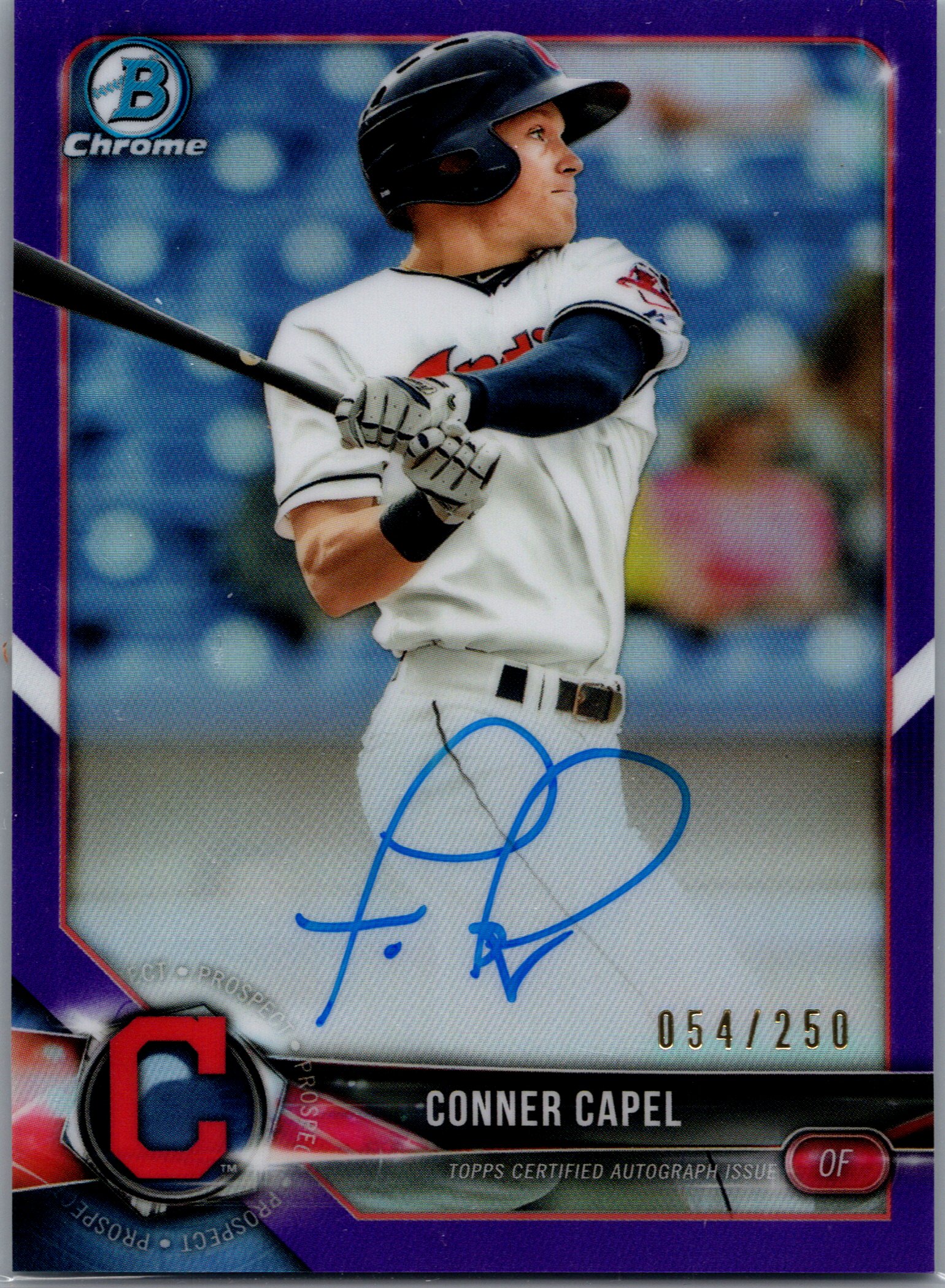 2018 Bowman Chrome - Prospects Autographs Purple Refractor Conner Capel #BCPA-CC AU, RC, SN250 front