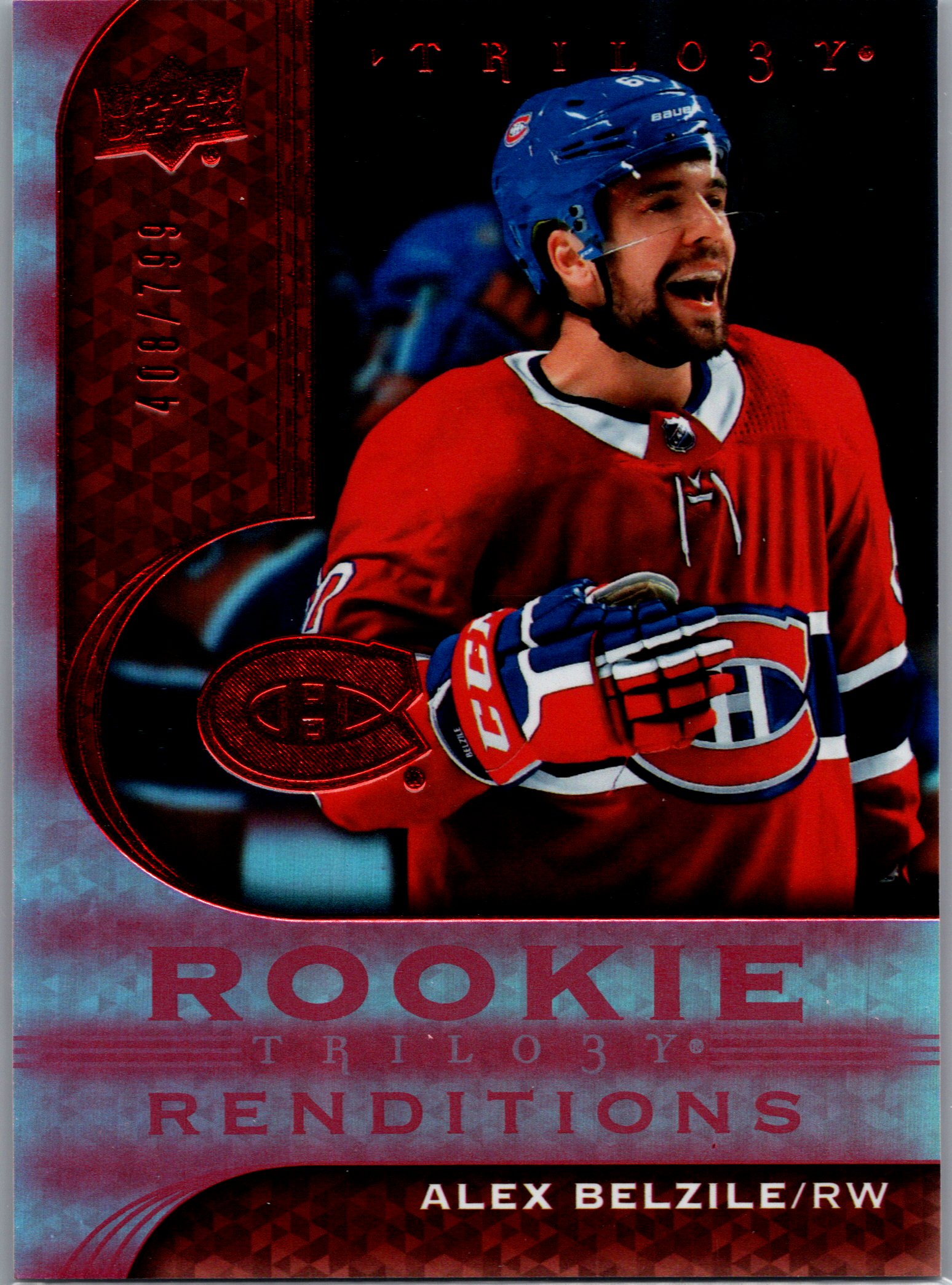 2020-21 Upper Deck Trilogy - Rookie Renditions Red Foil Alex Belzile #RR-4 SN799 front